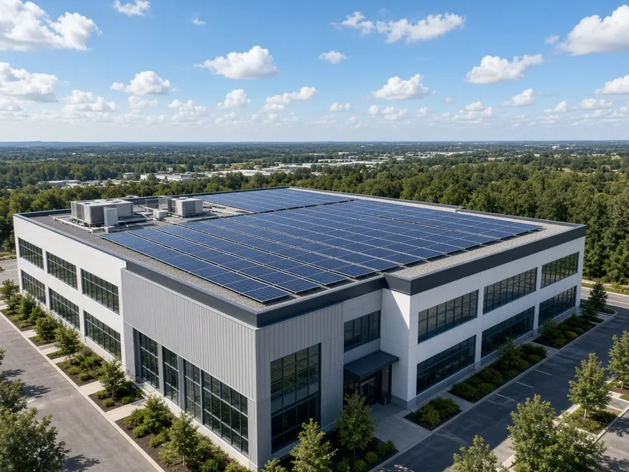 Solar panels on the roof of a commercial building