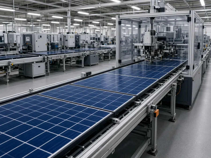 Solar module manufacturing line with blue PV panels on a conveyor
