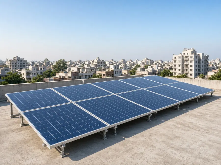 Rooftop solar panel array on a residential building