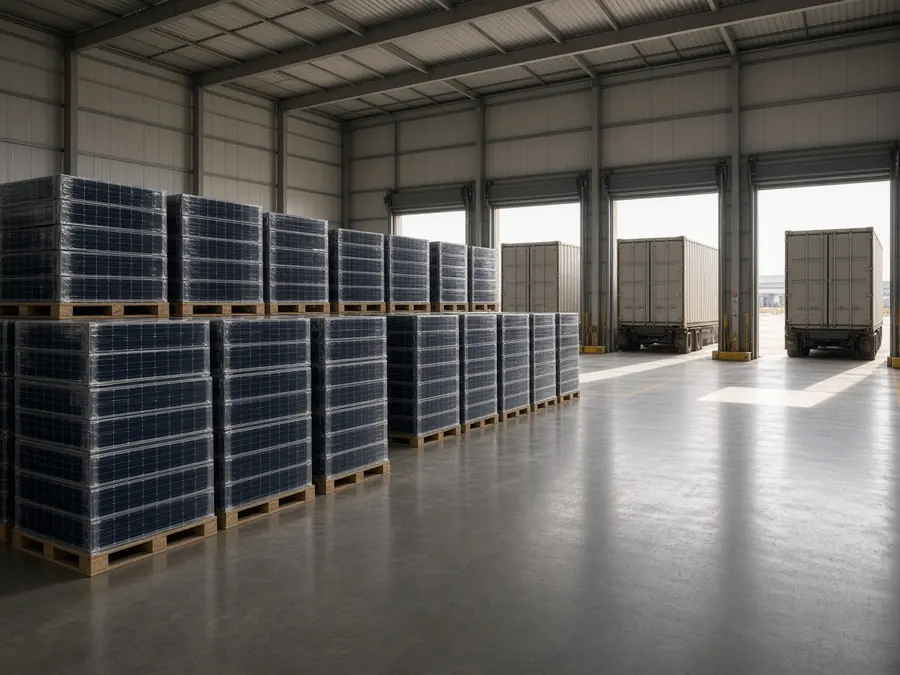 Warehouse with pallets of solar panels and shipping containers